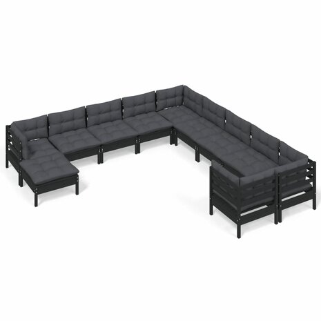 11-delige Loungeset met kussens grenenhout zwart