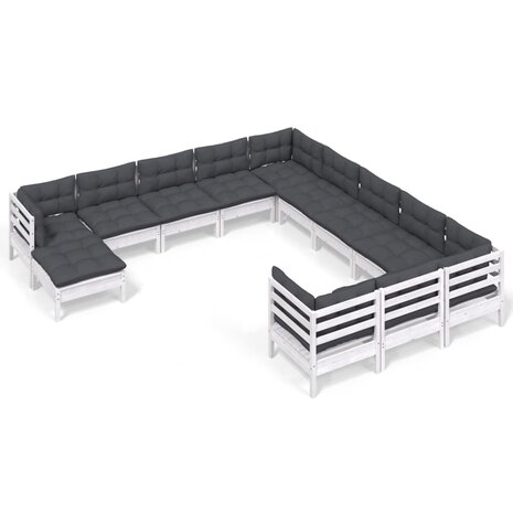 12-delige Loungeset met kussens massief grenenhout wit