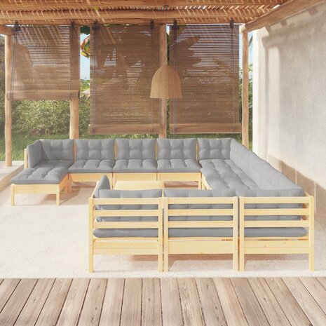 13-delige Loungeset met grijze kussens grenenhout