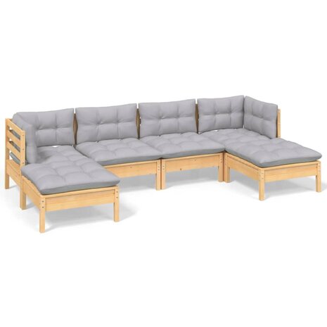 6-delige Loungeset met grijze kussens grenenhout