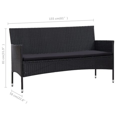 4-delige Loungeset met kussens poly rattan zwart