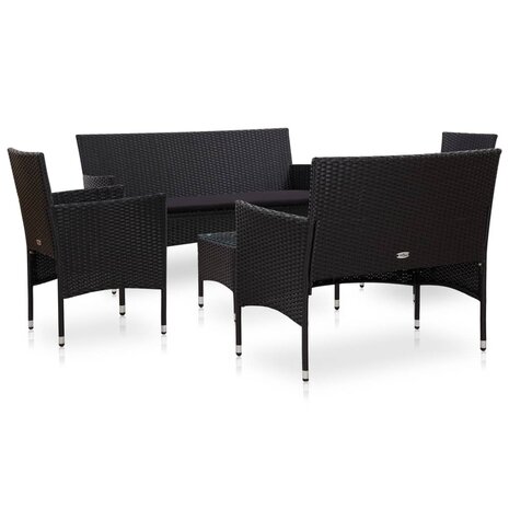 5-delige Loungeset met kussens poly rattan zwart