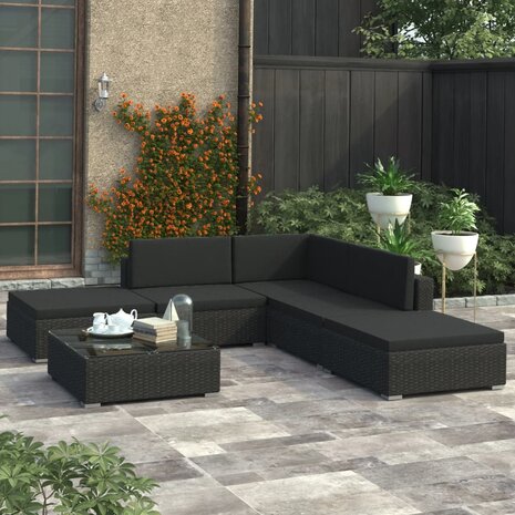 6-delige Loungeset met kussens poly rattan zwart
