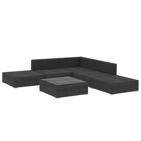 6-delige Loungeset met kussens poly rattan zwart