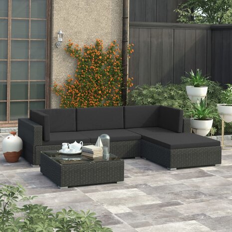 5-delige Loungeset met kussens poly rattan zwart
