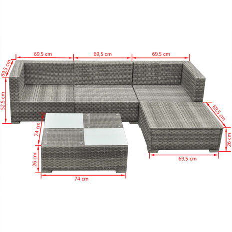 5-delige Loungeset met kussens poly rattan grijs
