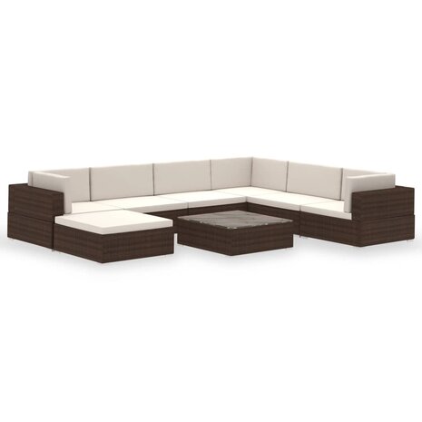 8-delige Loungeset met kussens poly rattan bruin