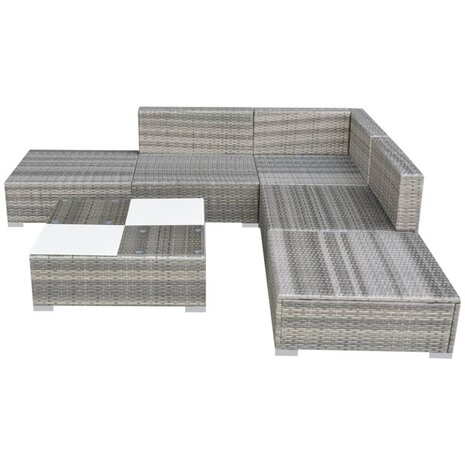 6-delige Loungeset met kussens poly rattan grijs