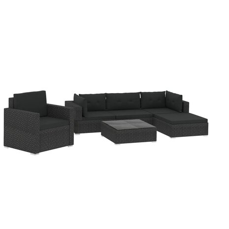 6-delige Loungeset met kussens poly rattan zwart