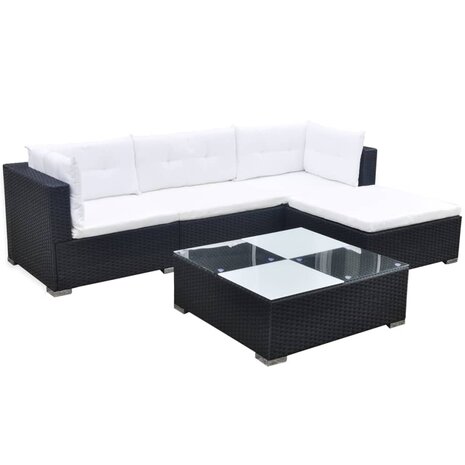 5-delige Loungeset met kussens poly rattan zwart