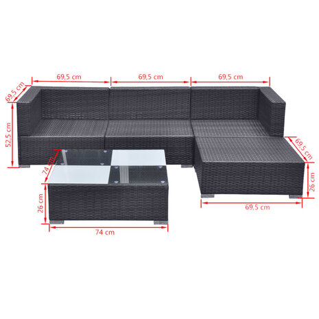 5-delige Loungeset met kussens poly rattan zwart