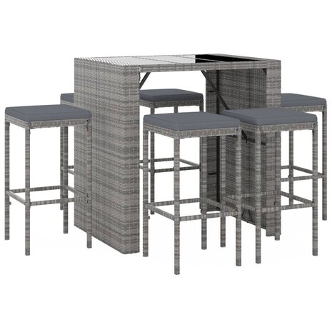 7-delige Tuinbarset met kussens poly rattan grijs