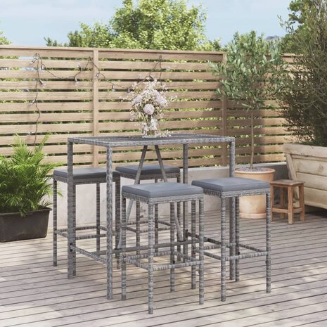 5-delige Tuinbarset met kussens poly rattan grijs