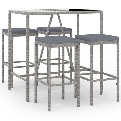 5-delige Tuinbarset met kussens poly rattan grijs