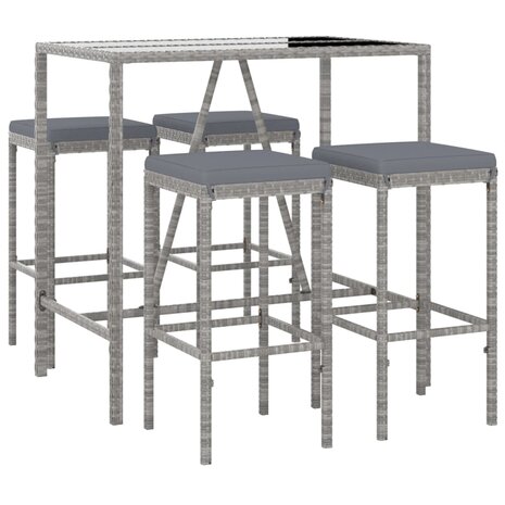 5-delige Tuinbarset met kussens poly rattan grijs