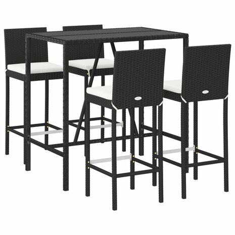 5-delige Tuinbarset met kussens poly rattan zwart