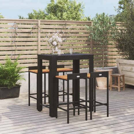 5-delige Tuinbarset poly rattan en massief acaciahout zwart