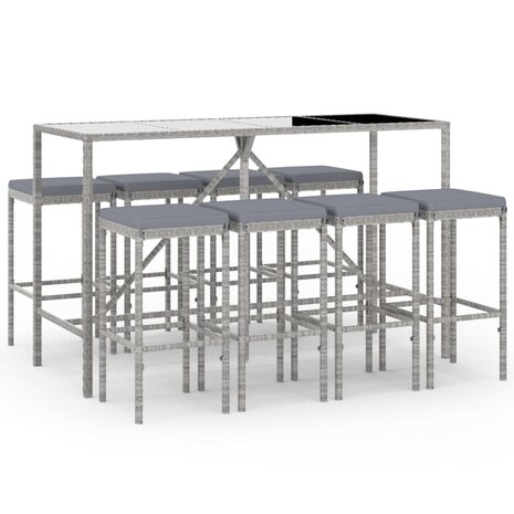9-delige Tuinbarset met kussens poly rattan grijs