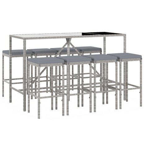 9-delige Tuinbarset met kussens poly rattan grijs