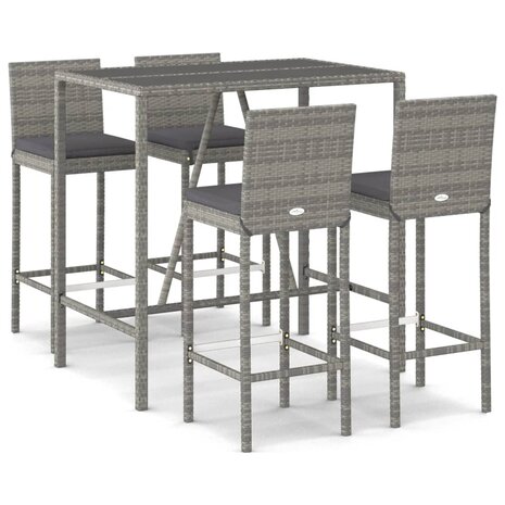 5-delige Tuinbarset met kussens poly rattan grijs
