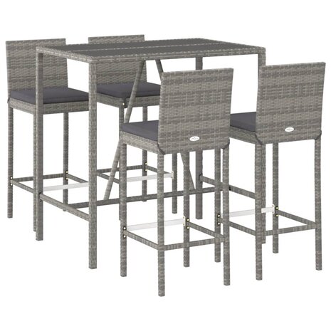 5-delige Tuinbarset met kussens poly rattan grijs
