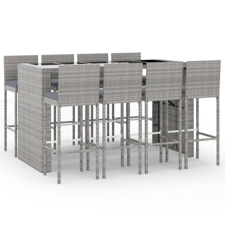 9-delige Tuinbarset met kussens poly rattan grijs