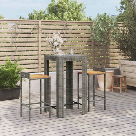 3-delige Tuinbarset poly rattan en massief acaciahout grijs