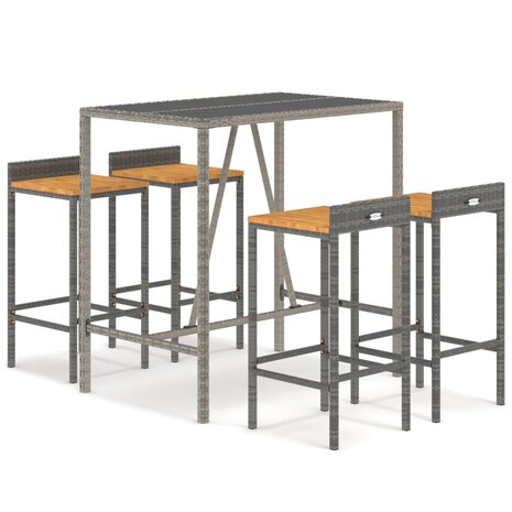 5-delige Tuinbarset poly rattan en massief acaciahout grijs