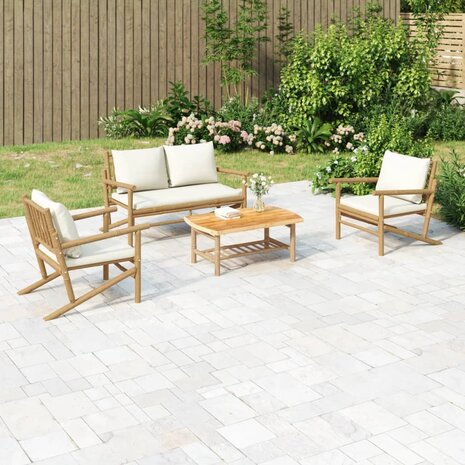 4-delige Loungeset met kussens bamboe crèmewit