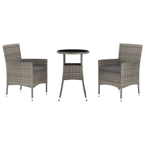 3-delige Bistroset met kussens poly rattan grijs