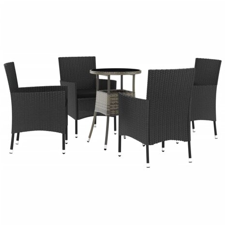 5-delige Bistroset met kussens poly rattan zwart