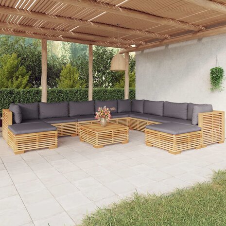 11-delige Loungeset met kussens massief teakhout