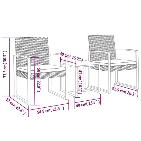 3-delige Tuinset met kussens polypropeen rattan donkergrijs