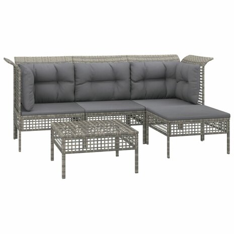5-delige Loungeset met kussens poly rattan grijs
