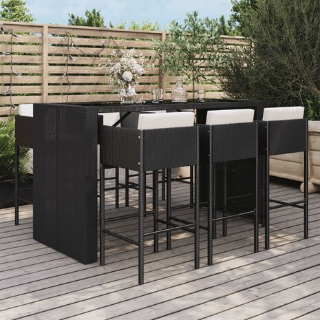 7-delige Tuinbarset met kussens poly rattan zwart