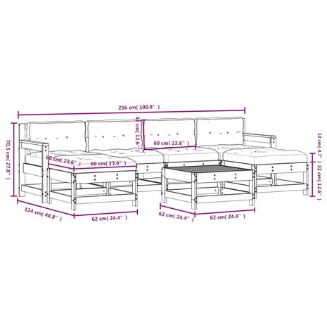 7-delige Loungeset met kussens massief hout grijs