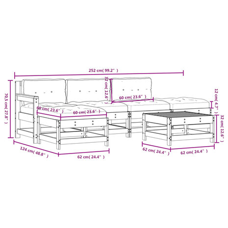 6-delige Loungeset met kussens massief hout grijs