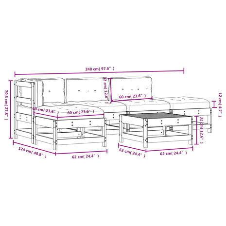 6-delige Loungeset met kussens massief hout