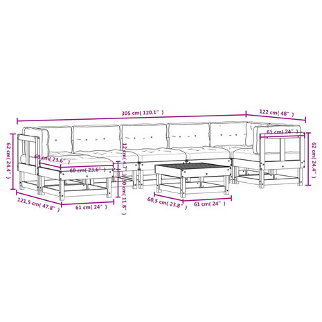 8-delige Loungeset met kussens massief hout wit