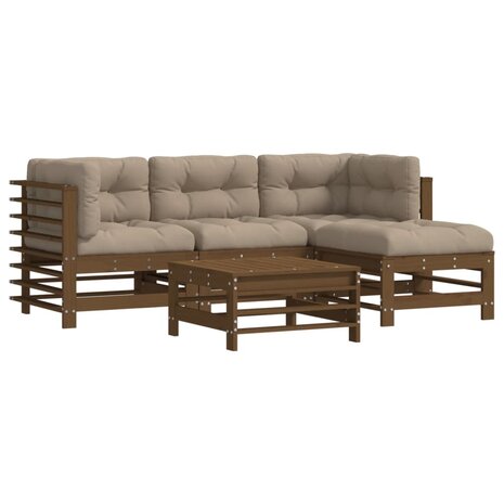 5-delige Loungeset met kussens massief hout honingbruin