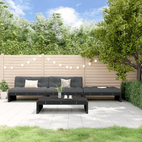 4-delige Loungeset met kussens massief hout zwart