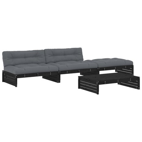4-delige Loungeset met kussens massief hout zwart