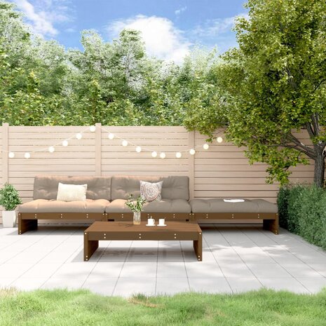 4-delige Loungeset met kussens massief hout honingbruin