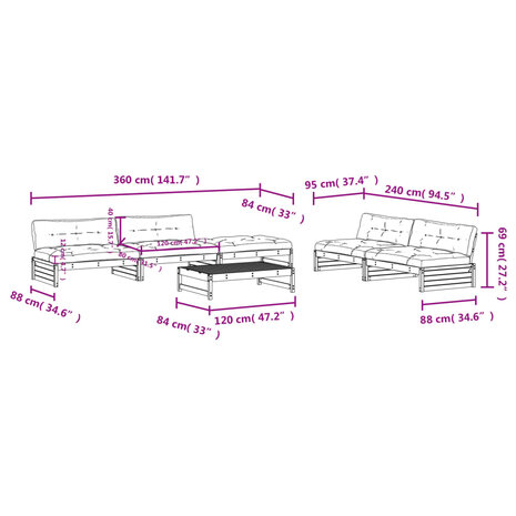 6-delige Loungeset met kussens grenenhout honingbruin