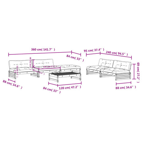 6-delige Loungeset met kussens massief hout wit