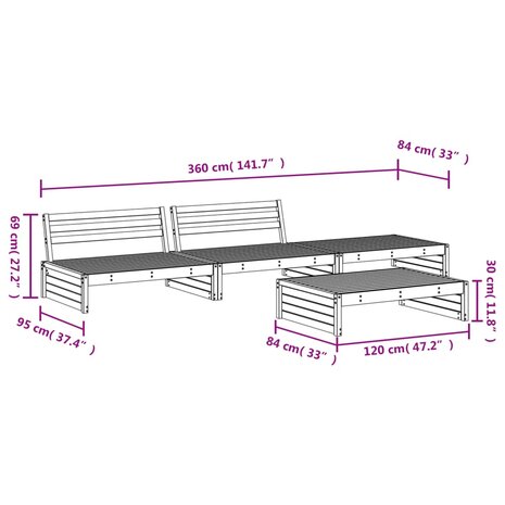 4-delige Loungeset massief grenenhout wit