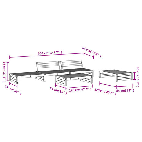 5-delige Loungeset massief grenenhout wit