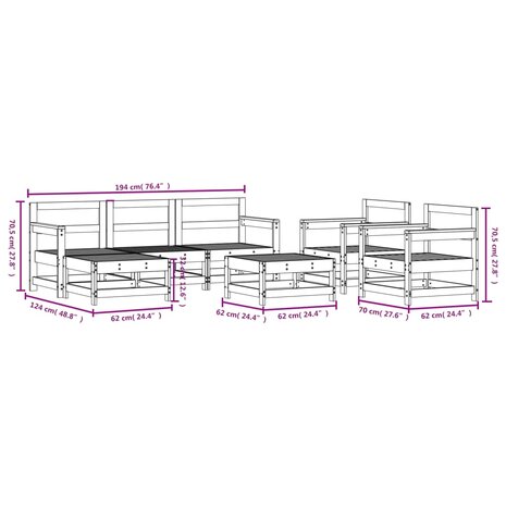 7-delige Loungeset massief grenenhout wit