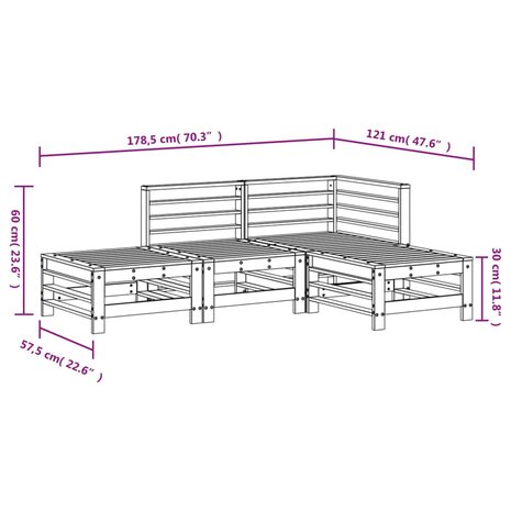 4-delige Loungeset massief grenenhout wit
