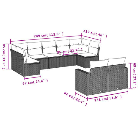9-delige Loungeset met kussens poly rattan beige